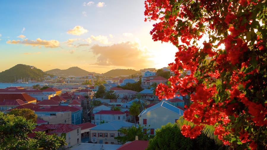 Charlotte Amalie que incluye vistas generales de la costa, una puesta de sol y una ciudad costera
