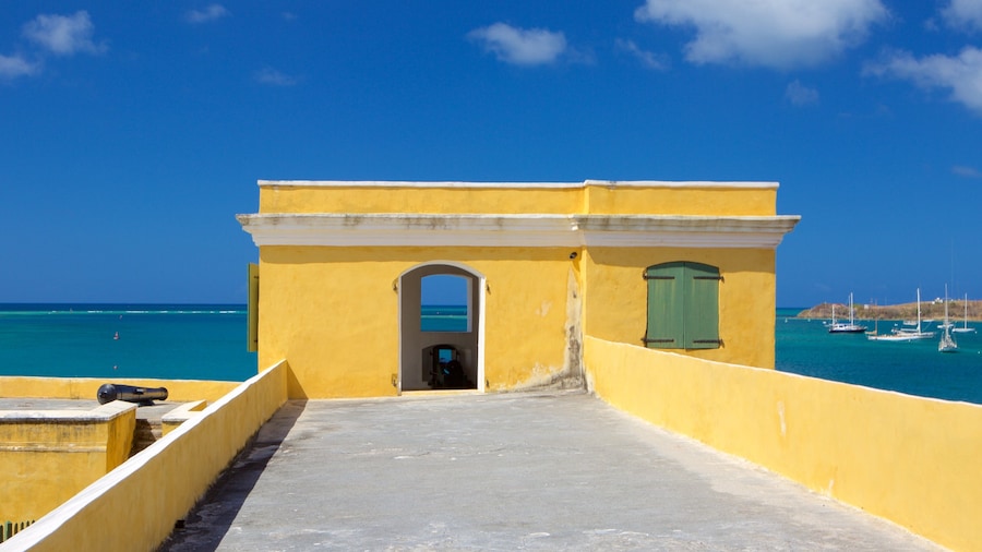 Fort Christiansvaern mostrando vista della costa, oggetti d\'epoca e esercito