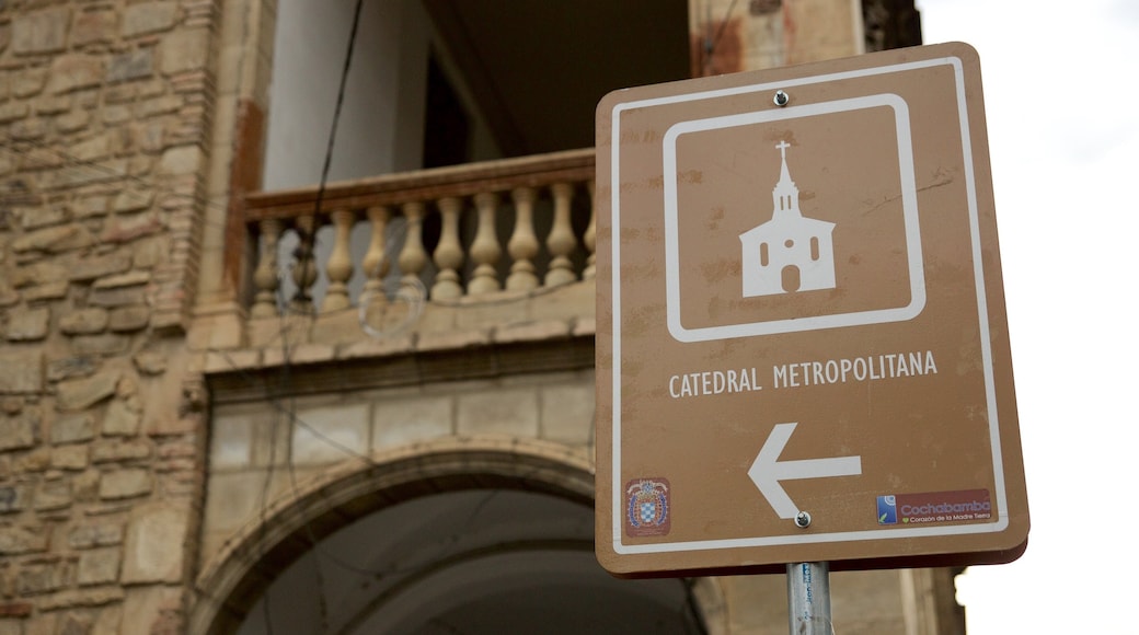 Cochabamba Cathedral featuring signage