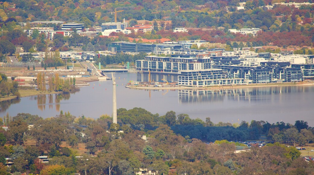 Canberra mostrando città e lago o sorgente d\'acqua