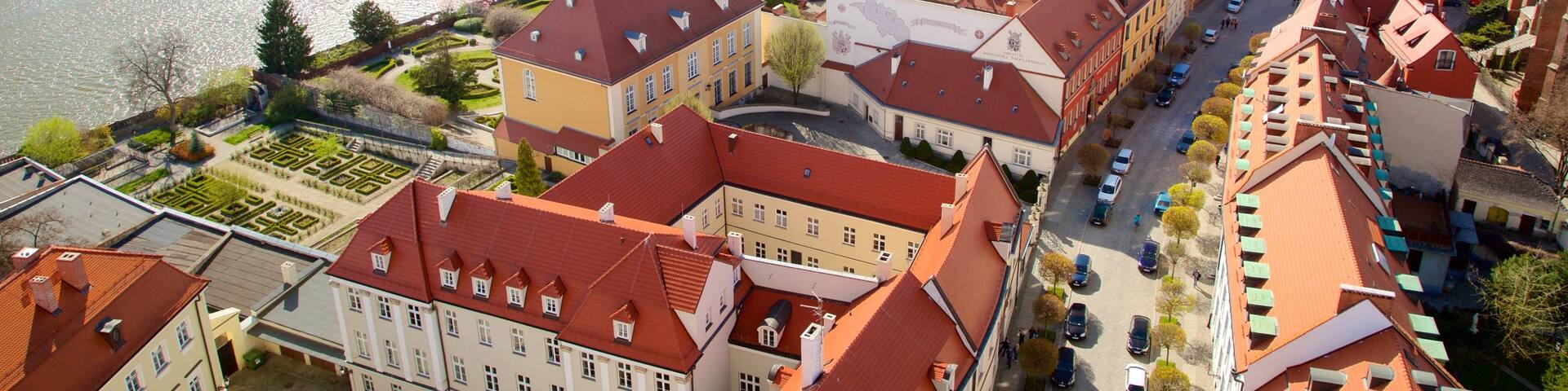 Wroclaw Cathedral showing a city and a river or creek