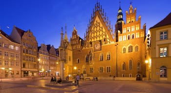 Breslau Rathaus welches beinhaltet Platz oder Plaza und bei Nacht