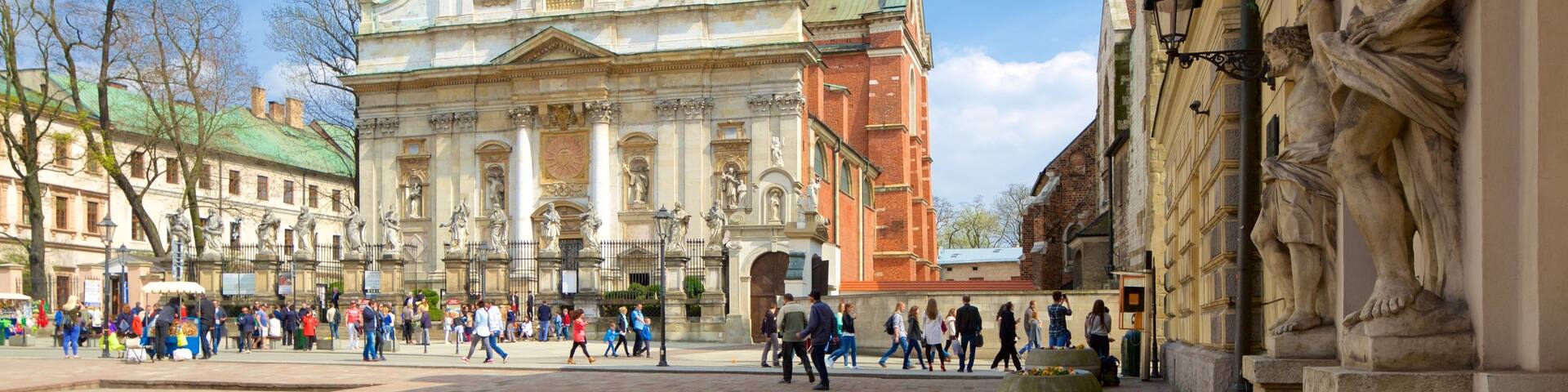 Krakow showing a square or plaza, street scenes and a church or cathedral
