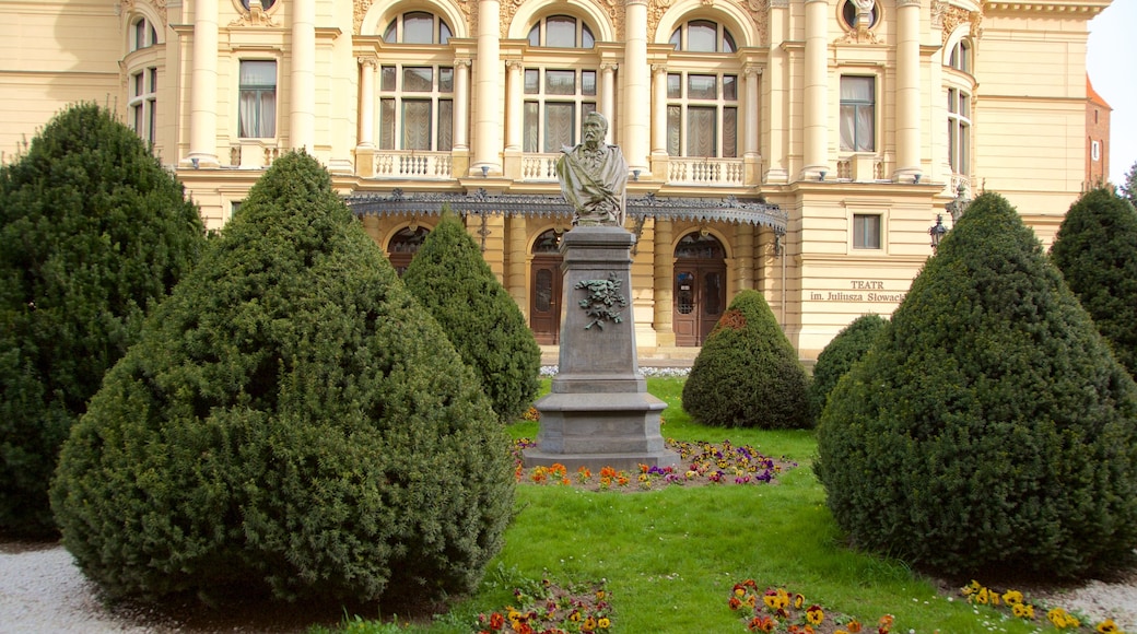 Juliusz Slowacki Theater showing heritage architecture, theatre scenes and a statue or sculpture