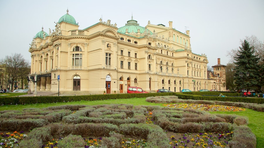 Juliusz Słowacki-teatret som viser kulturarvsgenstande, teaterliv og en have