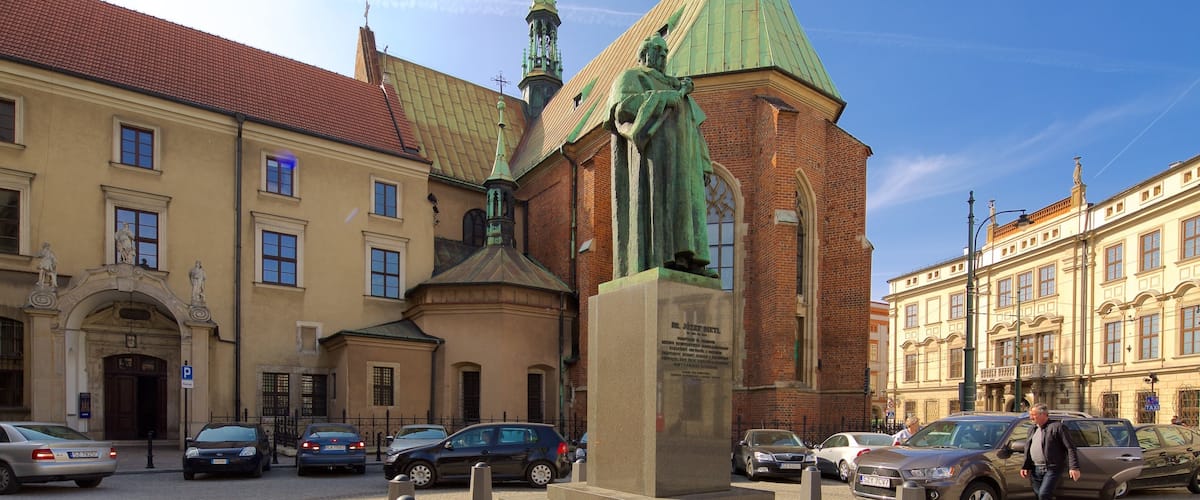 St. Francis of Assisi Church and Monastery featuring a square or plaza, a church or cathedral and a statue or sculpture