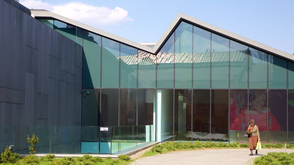 Kraków som visar modern arkitektur såväl som en kvinna