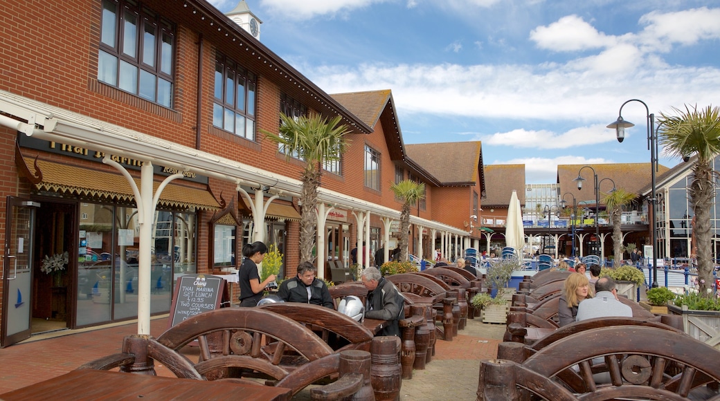 Sovereign Harbour which includes outdoor eating as well as a small group of people