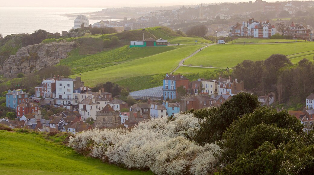 Hastings Country Park ofreciendo vistas generales de la costa, una pequeña ciudad o pueblo y un jardín