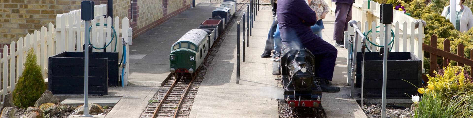 Eastbourne Miniature Steam Railway Adventure Park showing railway items as well as a small group of people