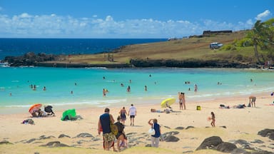 Spiaggia di Anakena che include spiaggia sabbiosa cosi come un piccolo gruppo di persone