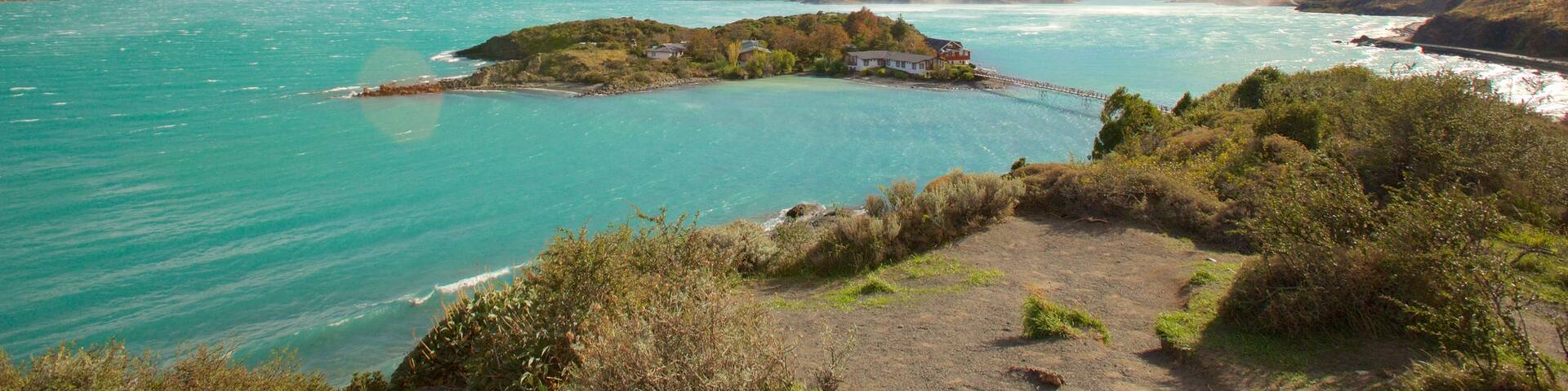 Torres Del Paine which includes a lake or waterhole, landscape views and mountains