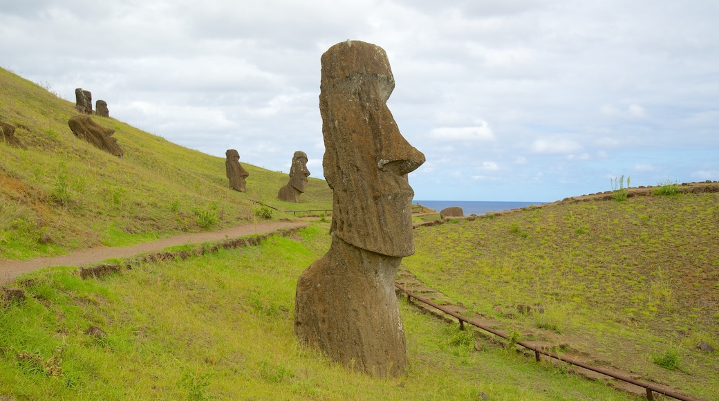 Rano Raraku featuring a statue or sculpture, tranquil scenes and heritage elements