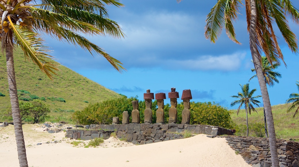 Playa Anakena que incluye elementos del patrimonio, escenas tropicales y una estatua o escultura