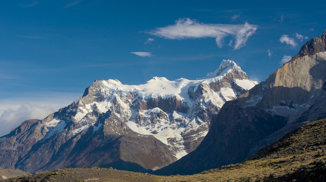 Parque nacional Torres del Paine mostrando situaciones tranquilas, montañas y nieve