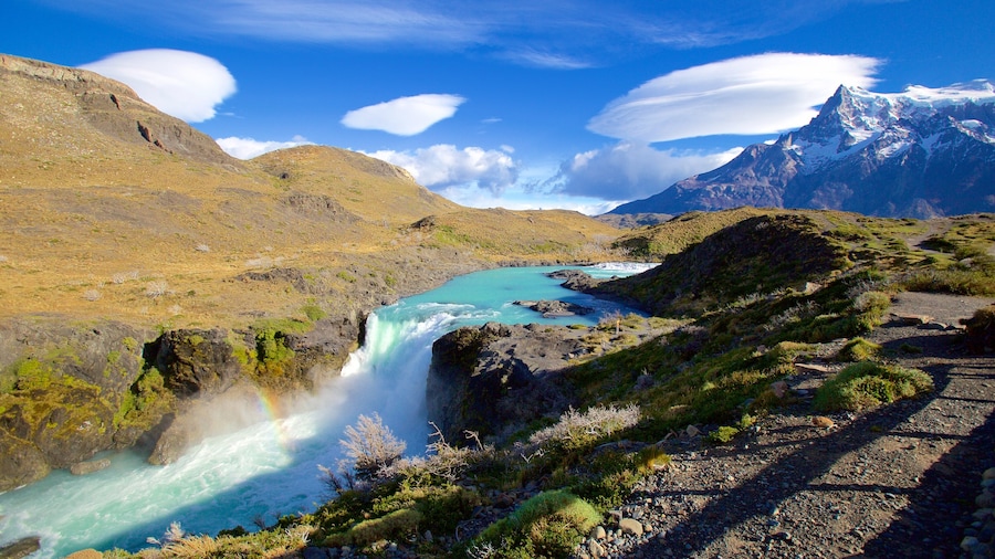 Torres Del Paine som viser fredfyldte omgivelser, en kaskade og en flod eller et vandløb