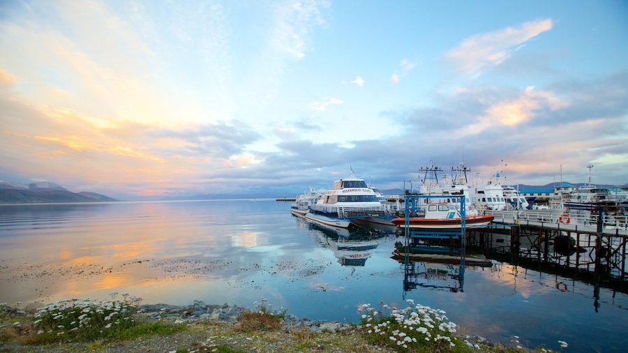 Ushuaia som viser en solnedgang, en sø eller et vandhul og en marina