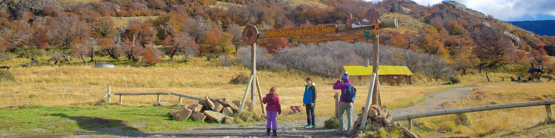 Los Glaciares National Park showing mountains and tranquil scenes as well as a small group of people
