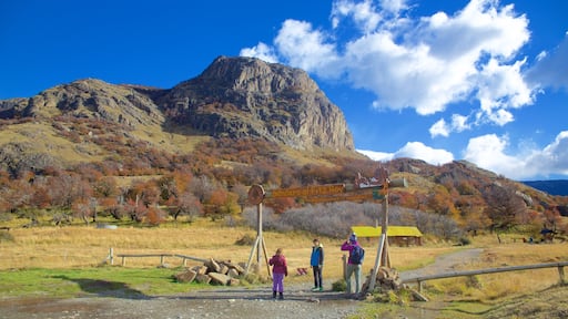 Parque Nacional Los Glaciares mostrando montanhas e cenas tranquilas assim como um pequeno grupo de pessoas