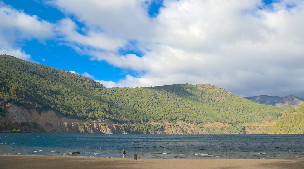 San Martín de los Andes mostrando vistas panorámicas, un lago o laguna y una playa