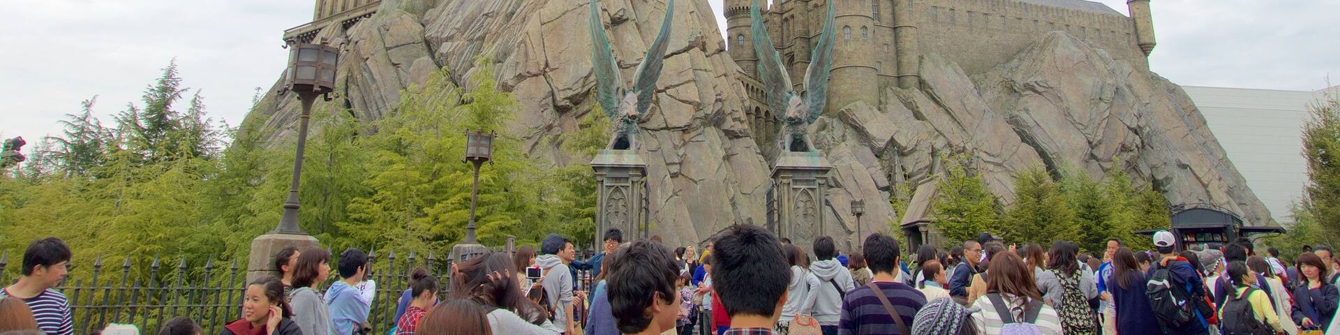 Konohana featuring a castle and rides as well as a large group of people