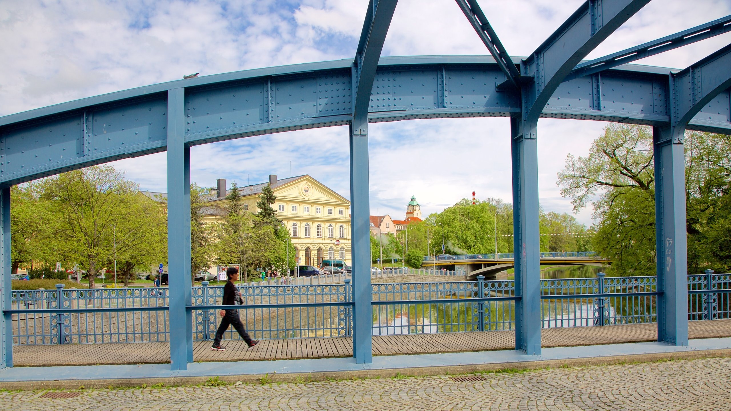 Ceske Budejovice showing a river or creek and a bridge as well as an individual femail