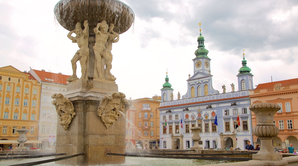 Ceské Budejovice ofreciendo una ciudad y una fuente