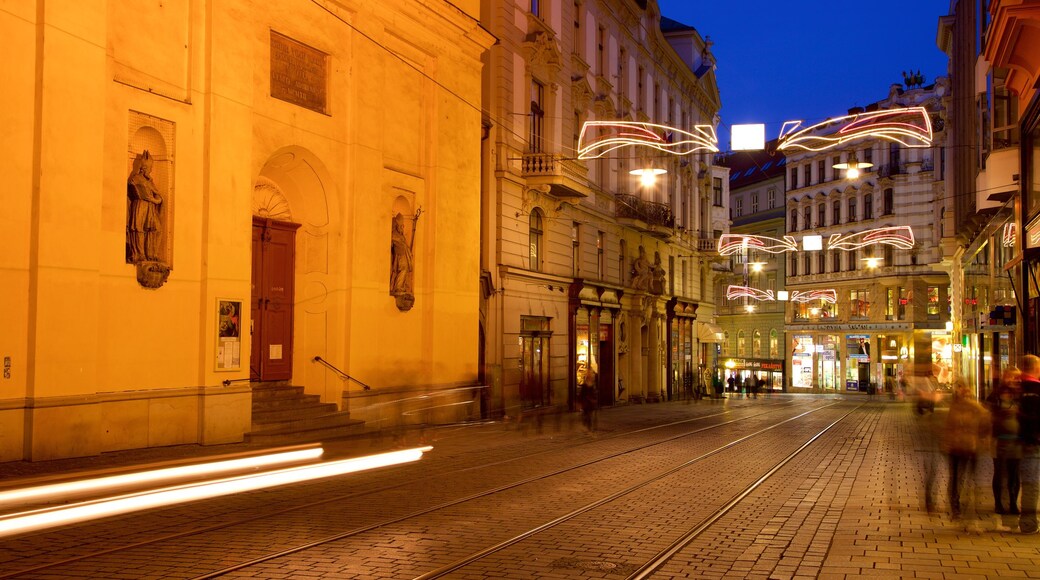 Brno featuring night scenes and a city