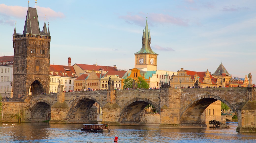 Old Town Bridge Tower showing a city, a bridge and a river or creek