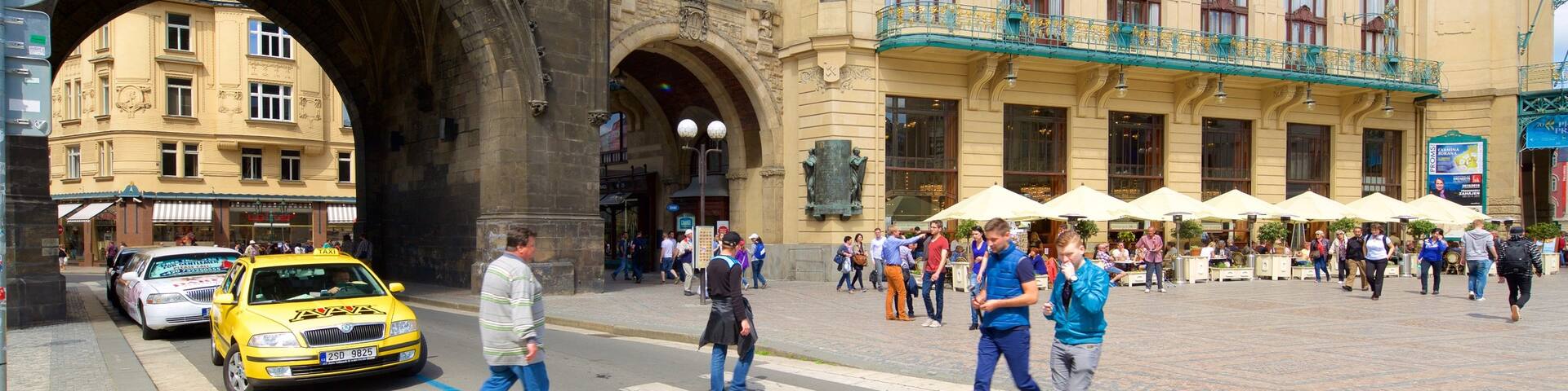 Municipal House Hall showing a city and heritage elements as well as a small group of people
