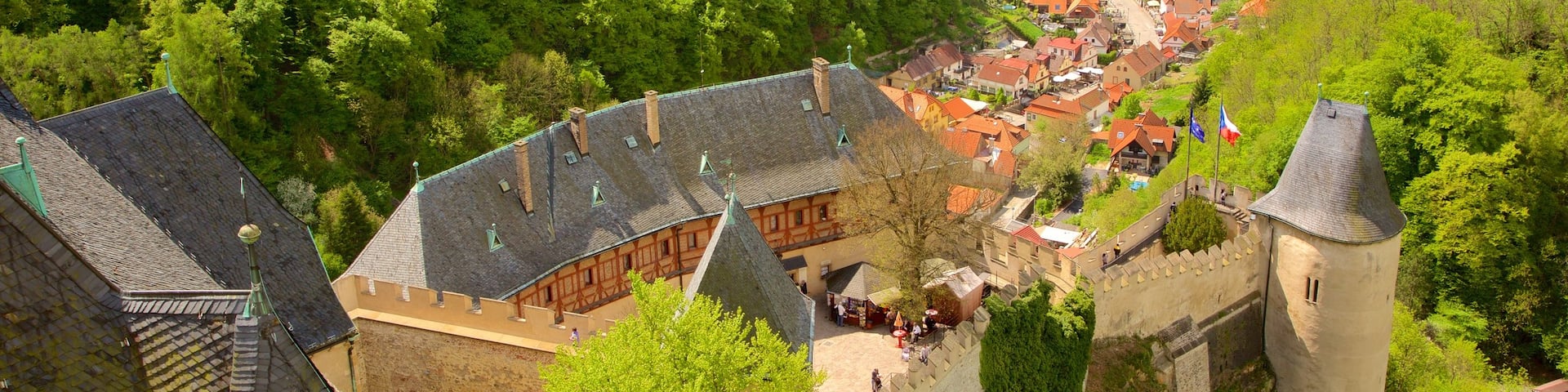 Castillo de Karlstejn ofreciendo un castillo, una pequeña ciudad o pueblo y escenas forestales
