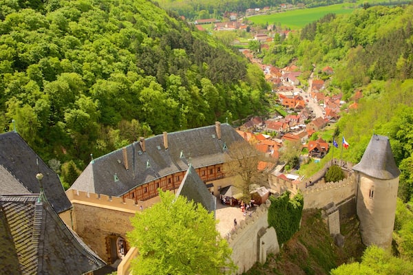 Karlstejn Castle featuring a small town or village, forest scenes and château or palace