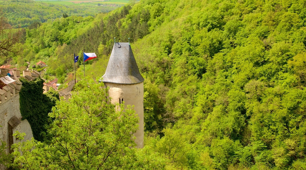 Castillo de Karlstejn mostrando elementos del patrimonio, bosques y un castillo