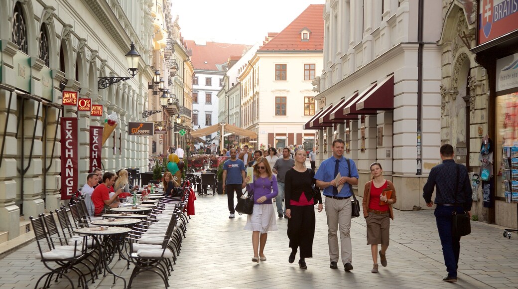 Bratislava showing street scenes and a city as well as a large group of people