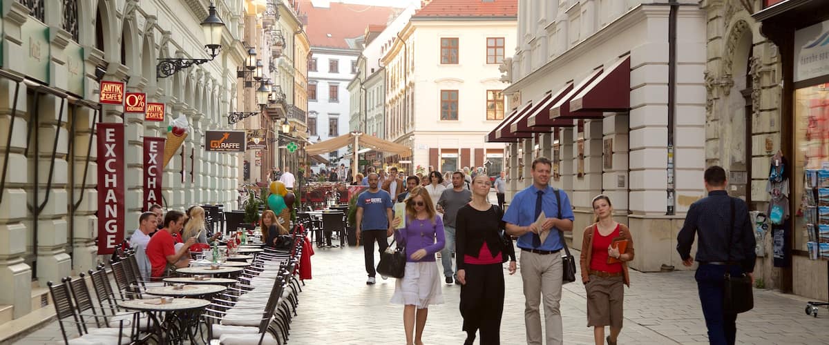 Bratislava showing street scenes and a city as well as a large group of people