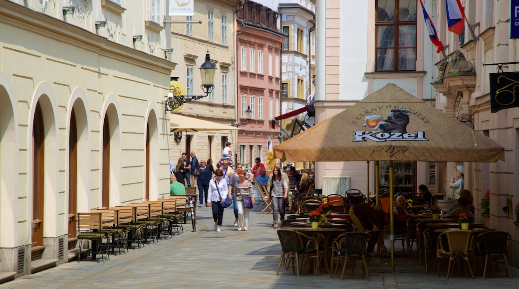 Bratislava showing a city, street scenes and cafe scenes