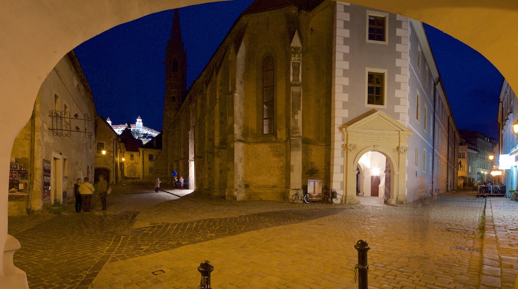 Bratislava che include paesaggio notturno, strade e città