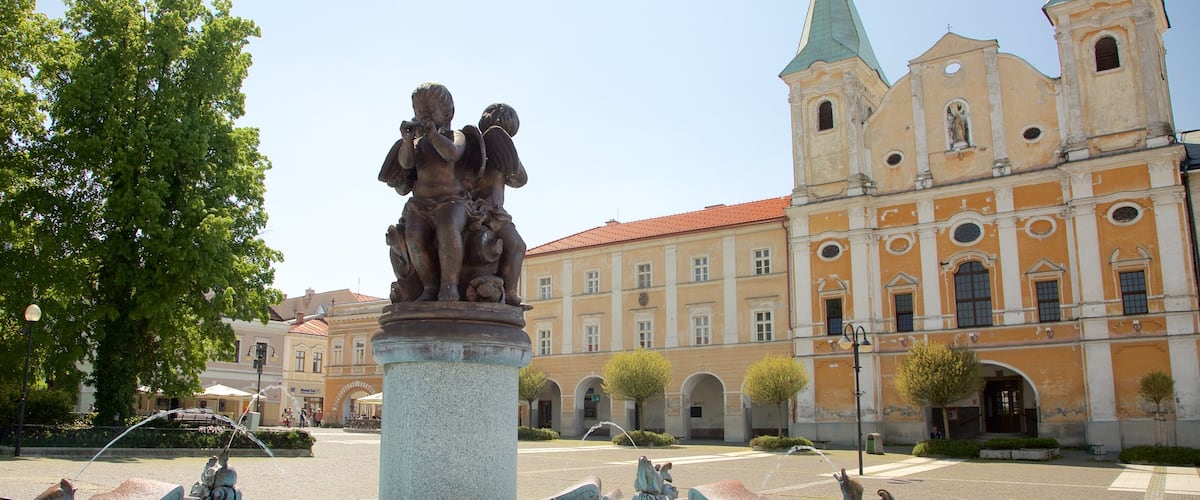 Marianske Namestie which includes a fountain, a statue or sculpture and a square or plaza