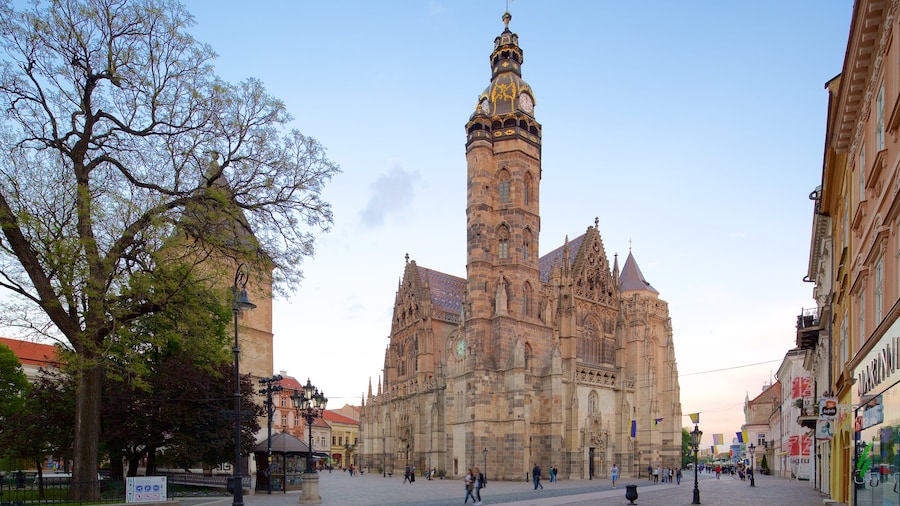 Kosice som visar en kyrka eller katedral, historisk arkitektur och en stad