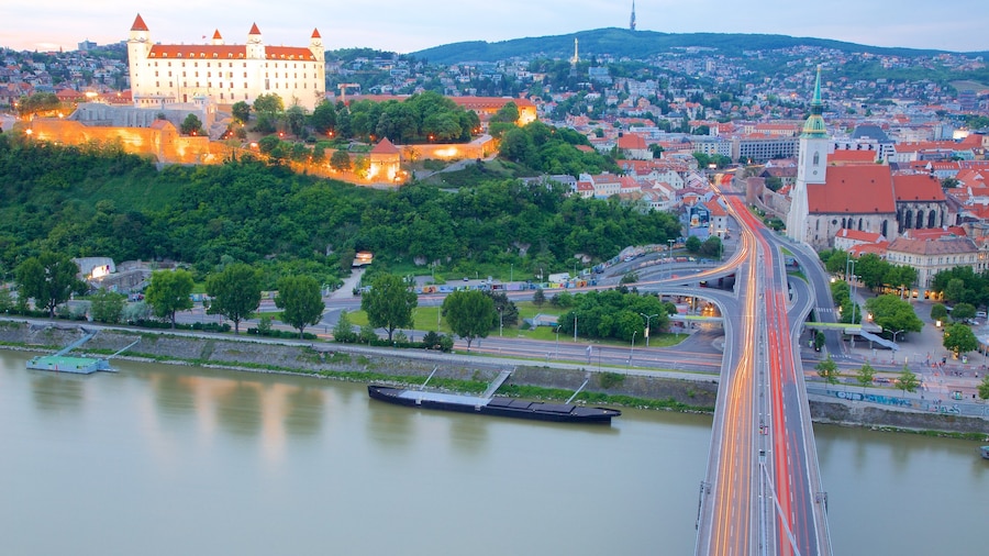 Bratislava Castle which includes a city, a river or creek and a castle