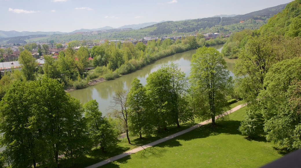 Budatin Castle mit einem Fluss oder Bach, Stadt und Park