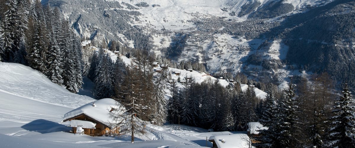 Verbier showing a small town or village, forests and mountains