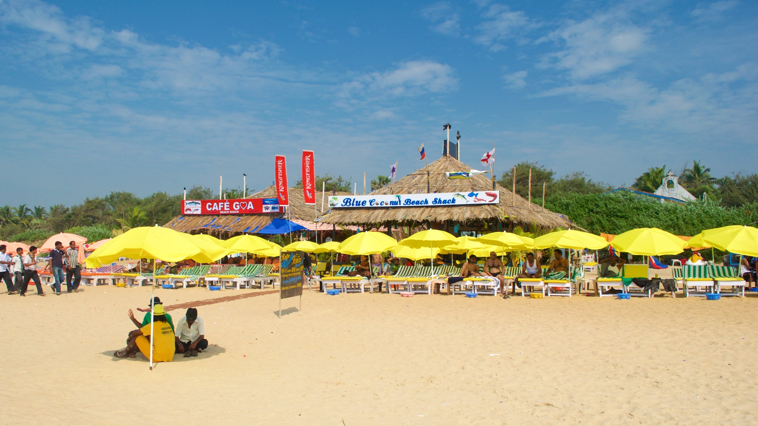 Calangute Beach showing a sandy beach and a beach bar