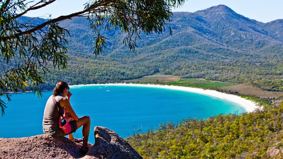 Freycinet featuring mountains and general coastal views as well as an individual femail