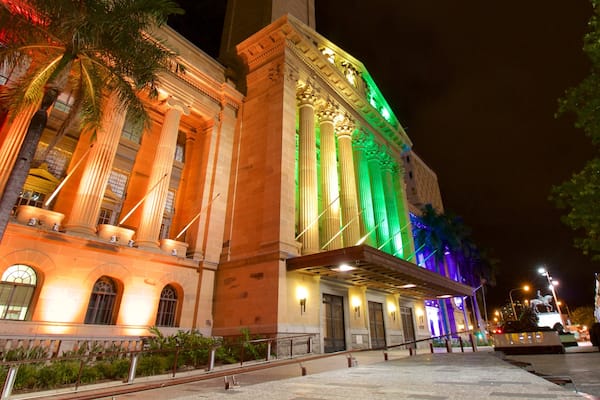 Brisbane City Hall which includes heritage elements, heritage architecture and night scenes