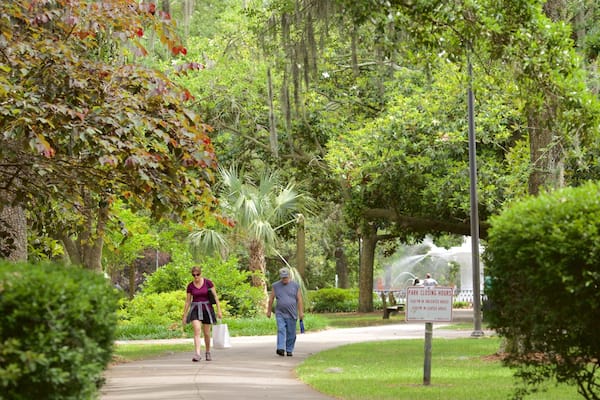 Forsyth Park mettant en vedette jardin aussi bien que petit groupe de personnes