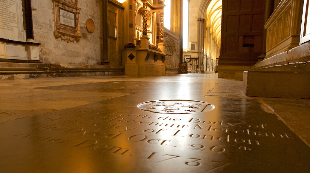 Salisbury Cathedral showing interior views and signage