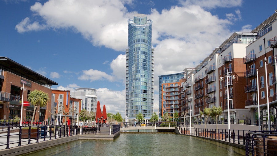 Gunwharf Quays featuring modern architecture and a river or creek