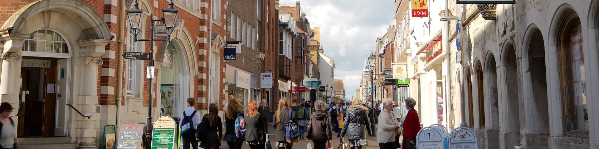 Dorchester featuring street scenes as well as a large group of people