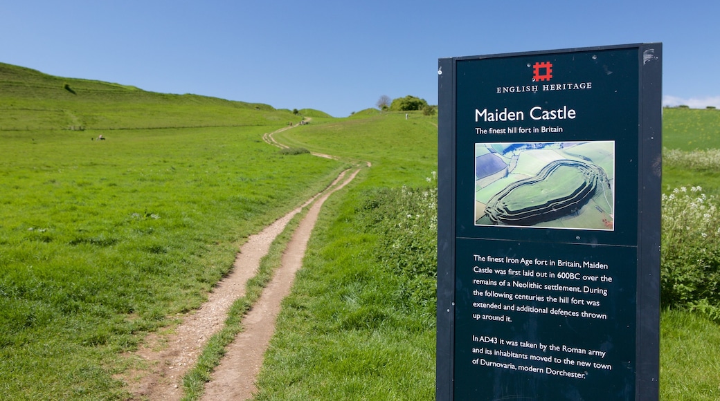 Maiden Castle showing signage and tranquil scenes